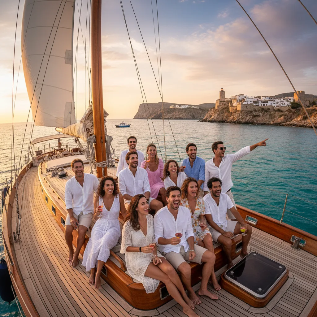 Grupo de clientes pescando en barco con guía en la costa española